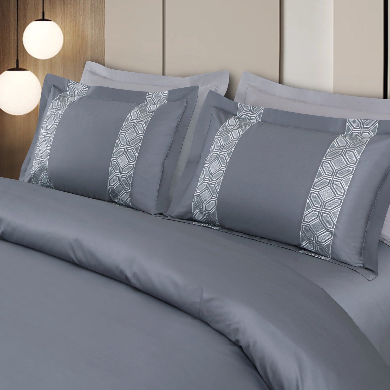 Luxe Stitch &amp; Dream Bedsheet with 2 Embroidered &amp; Plain Pillow Cases - Grey