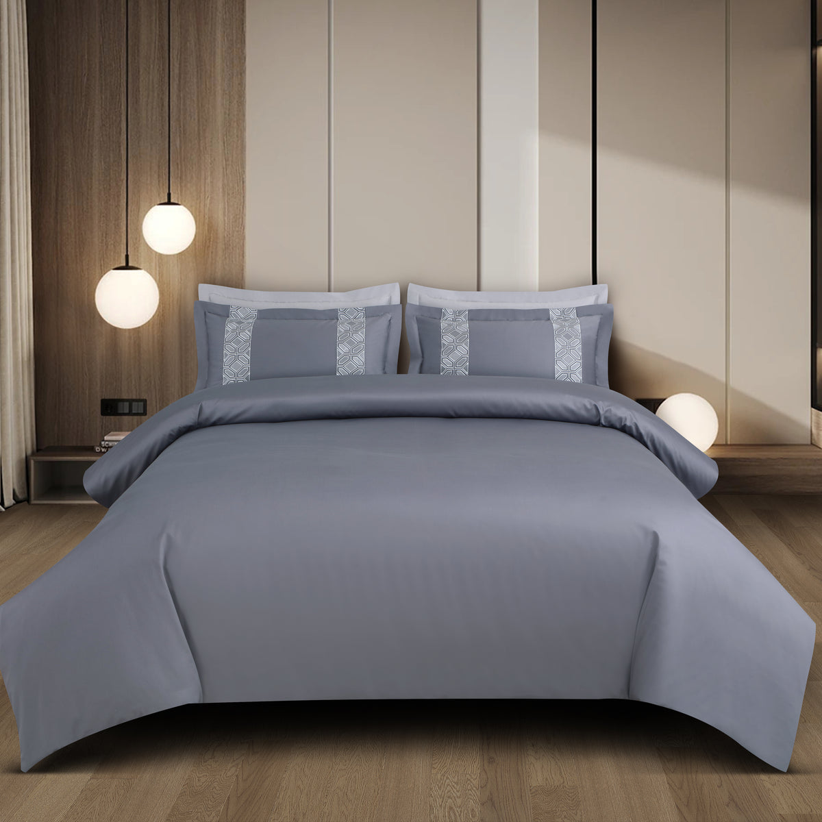 Luxe Stitch &amp; Dream Bedsheet with 2 Embroidered &amp; Plain Pillow Cases - Grey