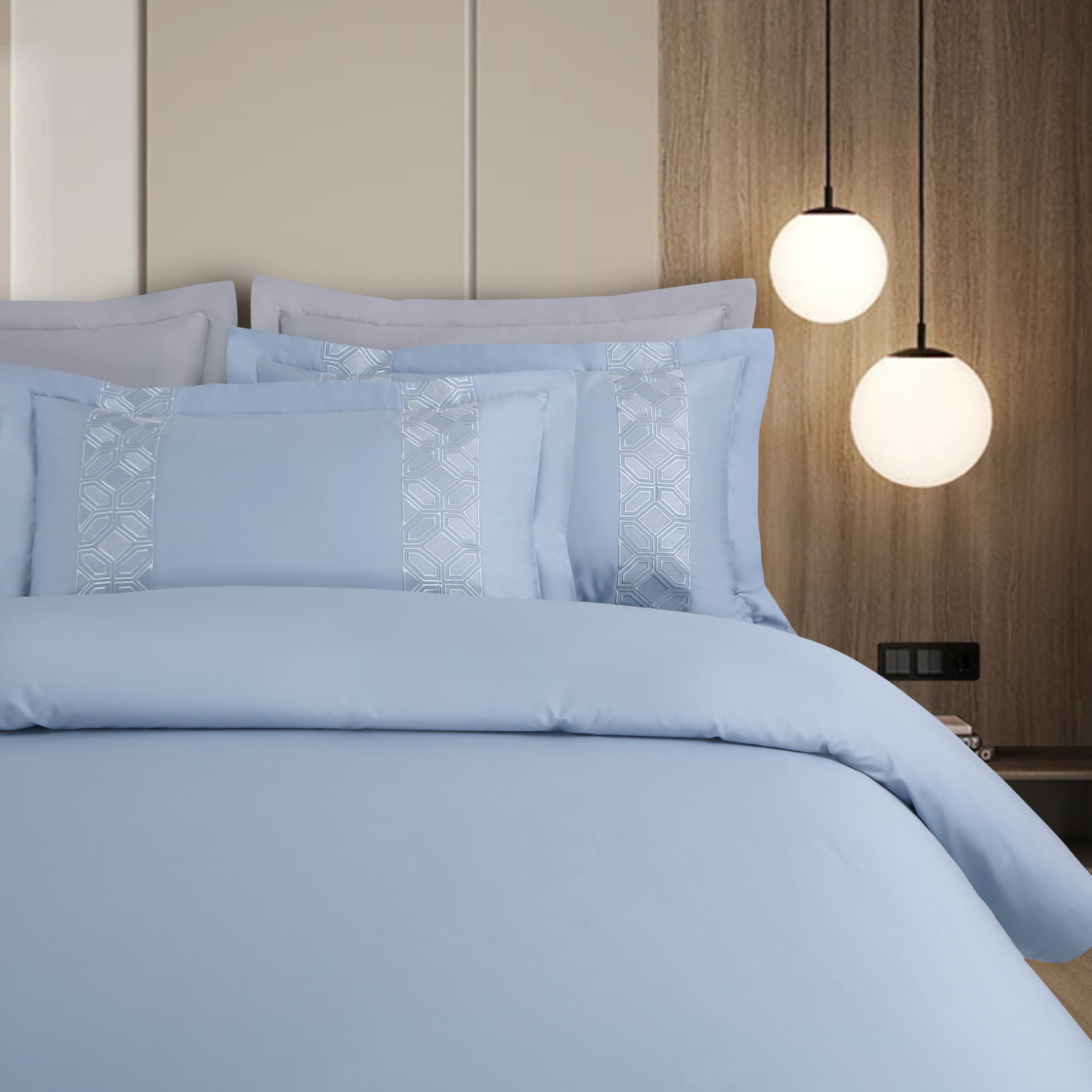 Luxe Stitch &amp; Dream Bedsheet with 2 Embroidered &amp; Plain Pillow Cases - Pigeon Blue