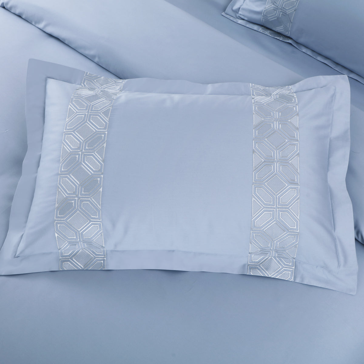 Luxe Stitch &amp; Dream Bedsheet with 2 Embroidered &amp; Plain Pillow Cases - Pigeon Blue