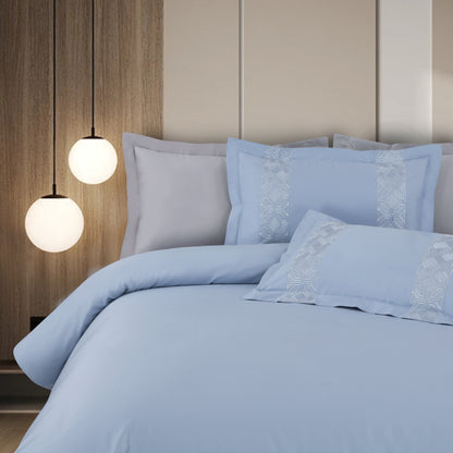 Luxe Stitch &amp; Dream Bedsheet with 2 Embroidered &amp; Plain Pillow Cases - Pigeon Blue
