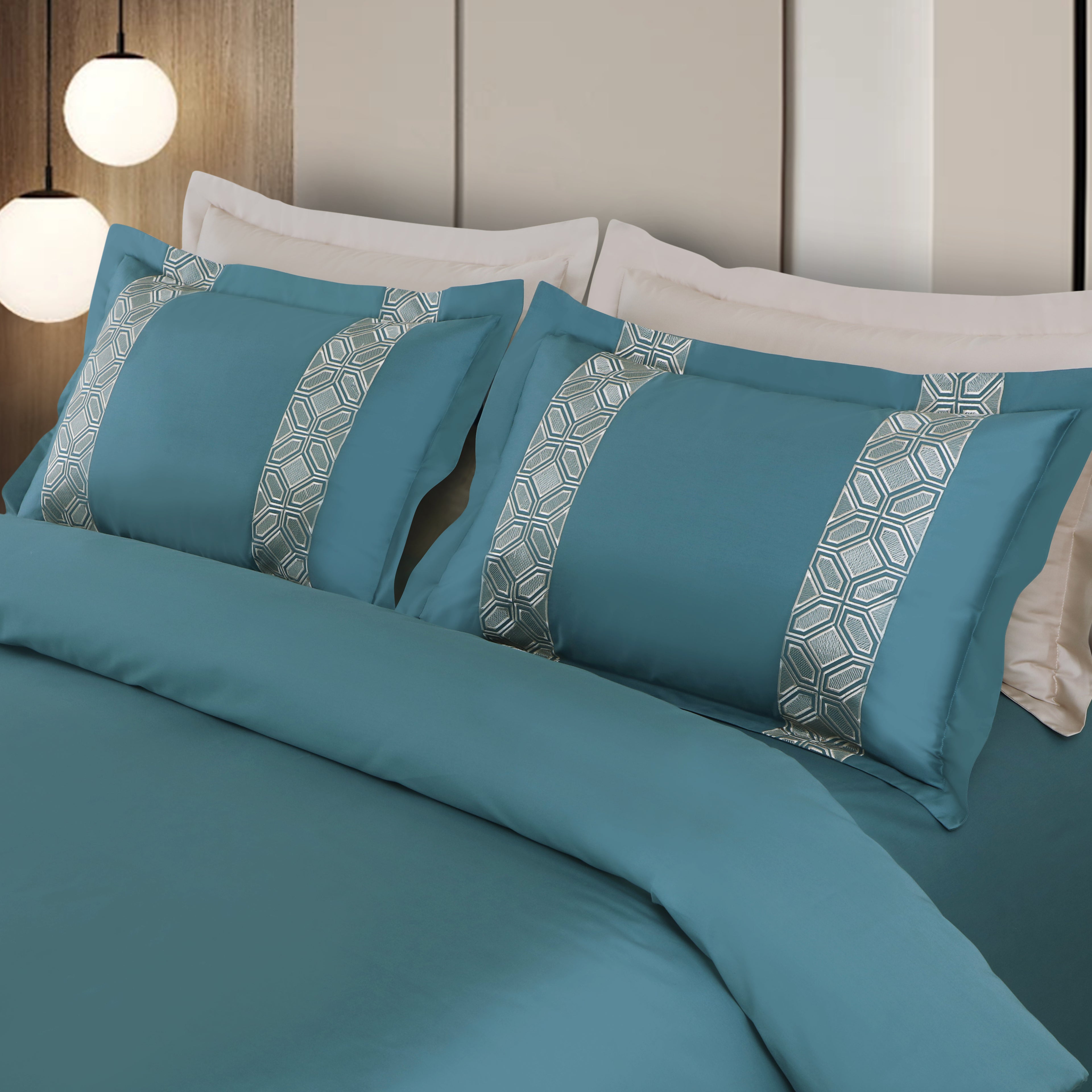Luxe Stitch &amp; Dream Bedsheet with 2 Embroidered &amp; Plain Pillow Cases - Teal Green