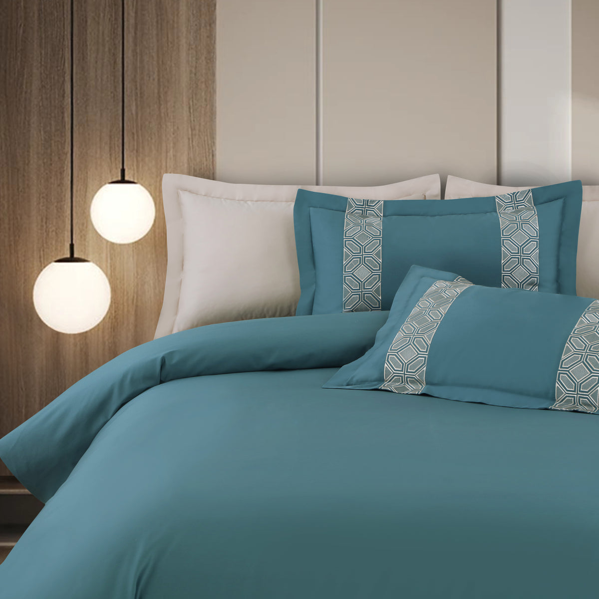 Luxe Stitch &amp; Dream Bedsheet with 2 Embroidered &amp; Plain Pillow Cases - Teal Green