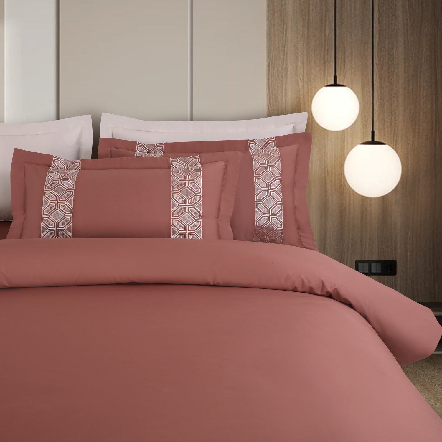 Luxe Stitch &amp; Dream Bedsheet with 2 Embroidered &amp; Plain Pillow Cases - Cedar Rust