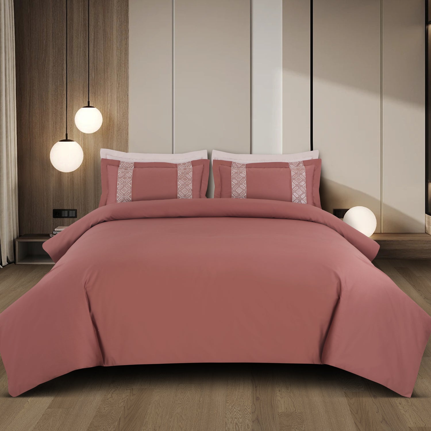 Luxe Stitch &amp; Dream Bedsheet with 2 Embroidered &amp; Plain Pillow Cases - Cedar Rust