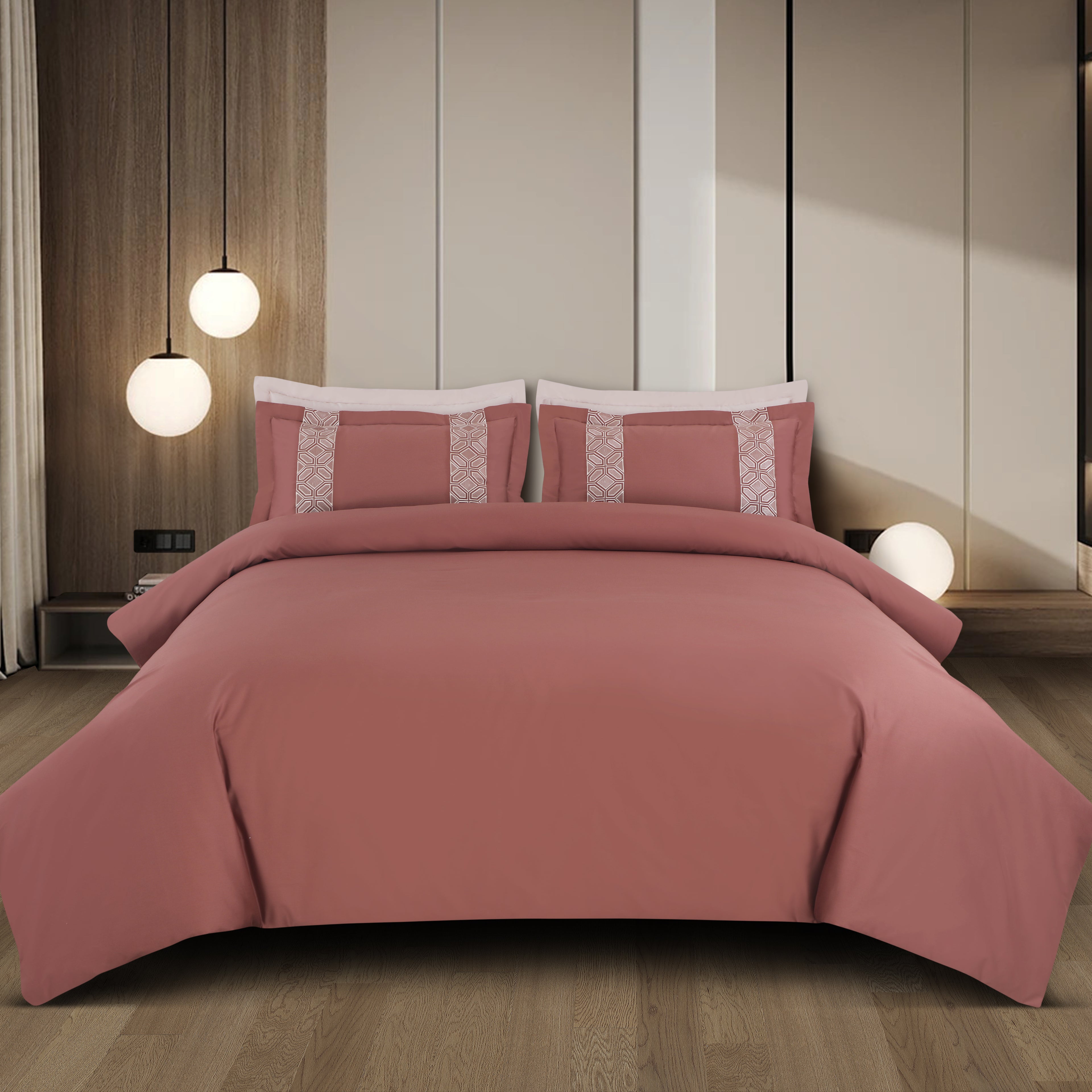 Luxe Stitch &amp; Dream Bedsheet with 2 Embroidered &amp; Plain Pillow Cases - Cedar Rust