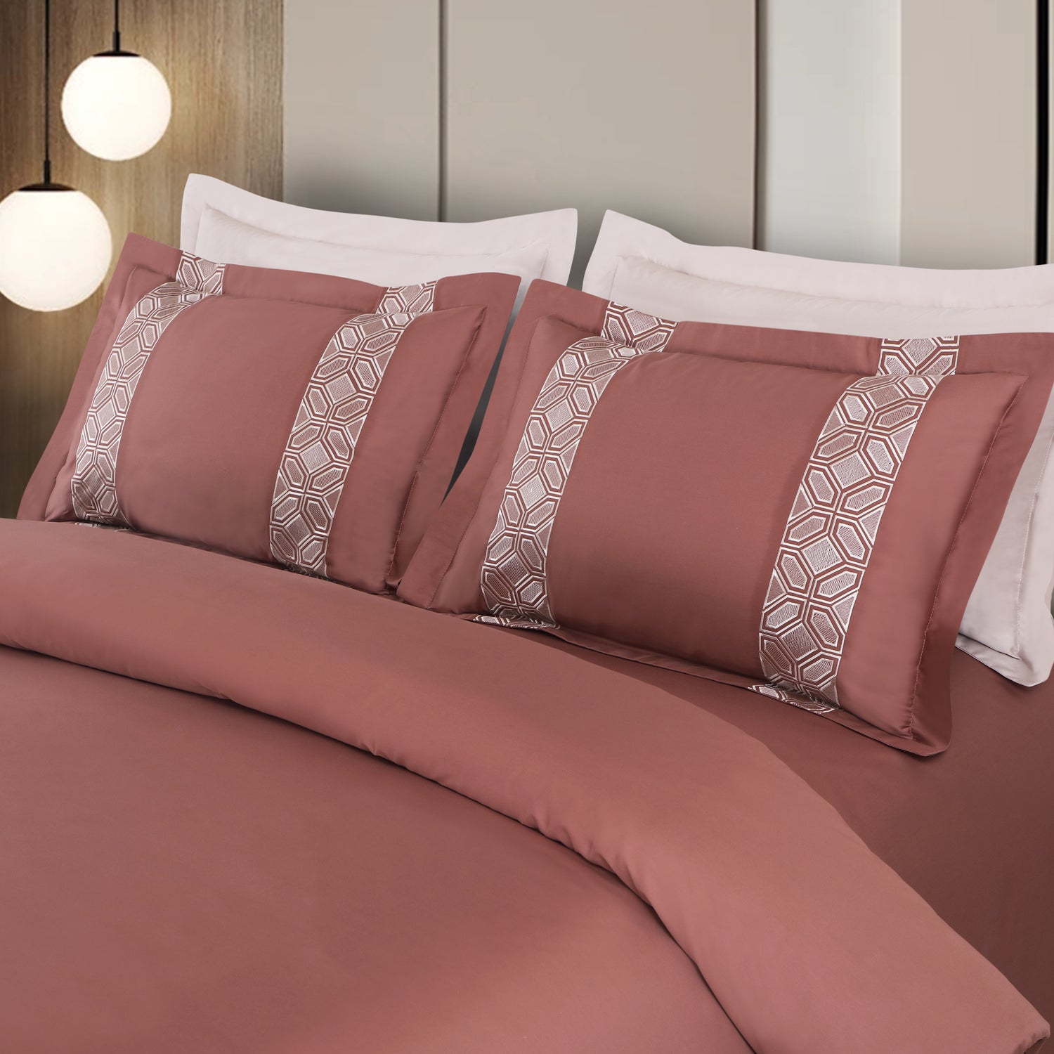 Luxe Stitch &amp; Dream Bedsheet with 2 Embroidered &amp; Plain Pillow Cases - Cedar Rust