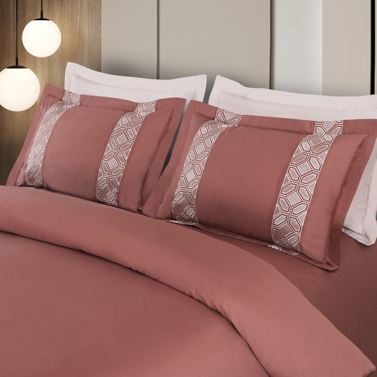 Luxe Stitch &amp; Dream Bedsheet with 2 Embroidered &amp; Plain Pillow Cases - Cedar Rust