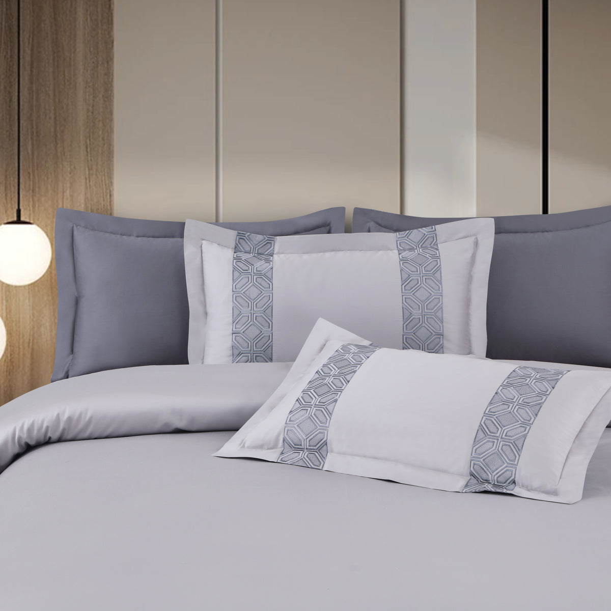 Luxe Stitch &amp; Dream Bedsheet with 2 Embroidered &amp; Plain Pillow Cases - Silver Grey