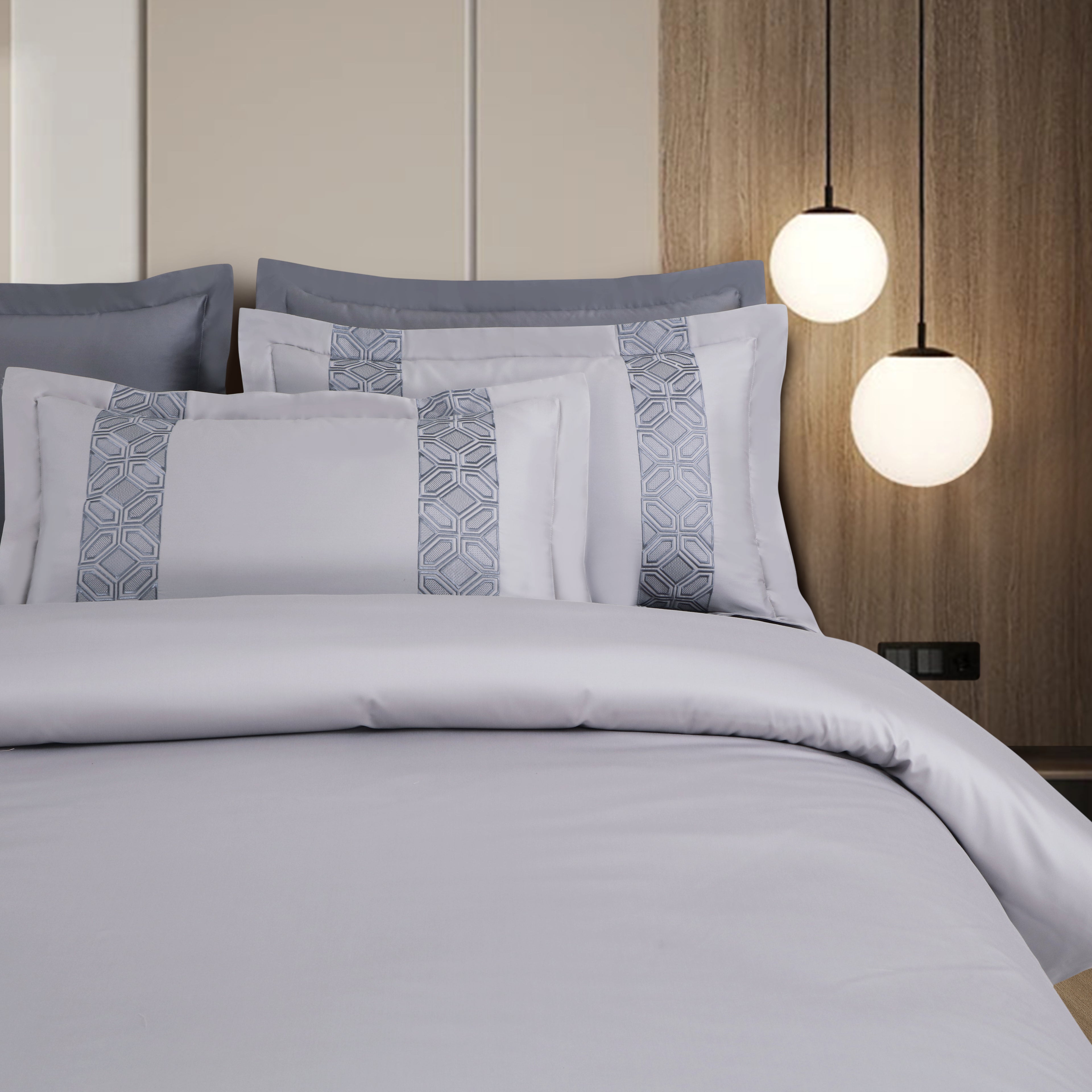 Luxe Stitch &amp; Dream Bedsheet with 2 Embroidered &amp; Plain Pillow Cases - Silver Grey