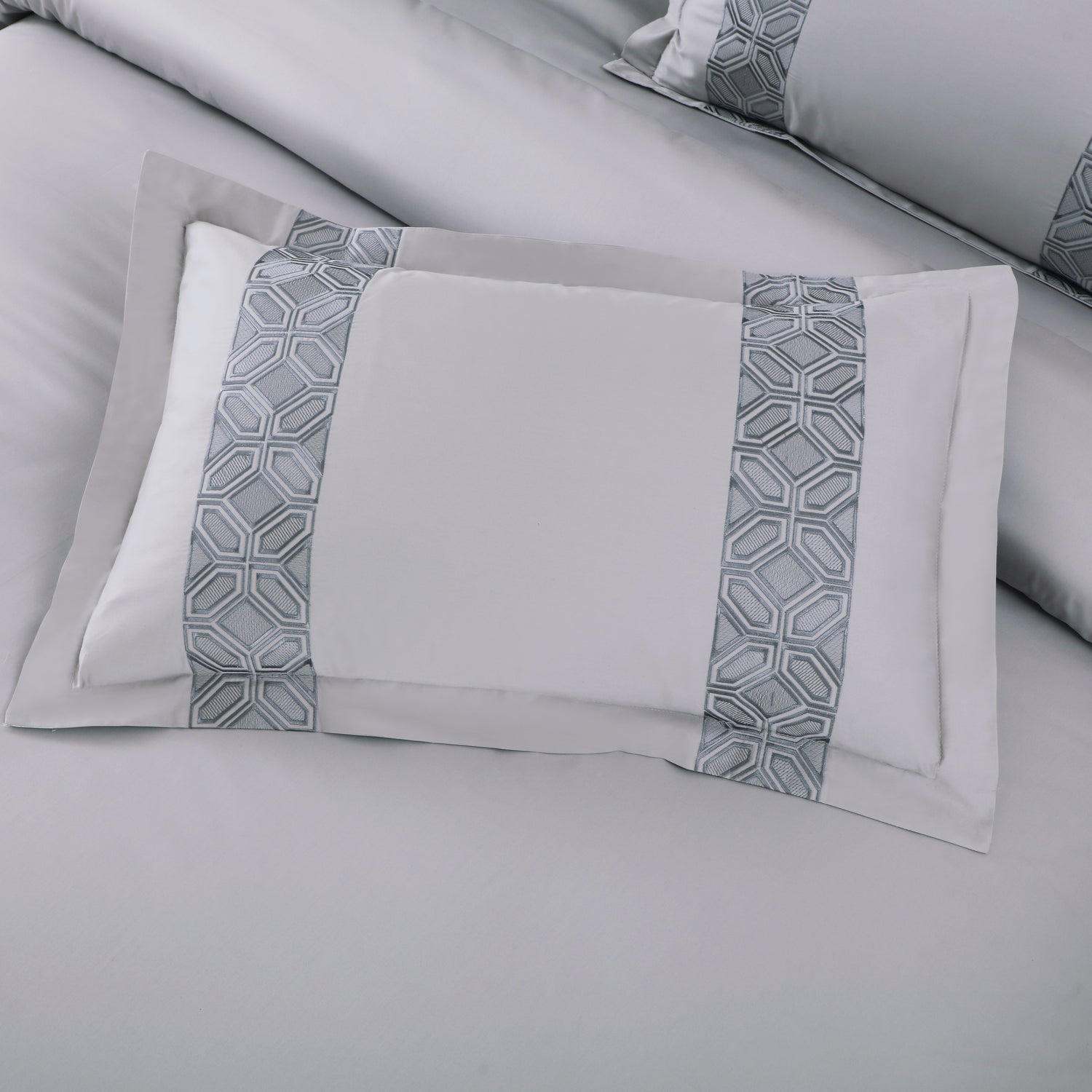 Luxe Stitch &amp; Dream Bedsheet with 2 Embroidered &amp; Plain Pillow Cases - Silver Grey
