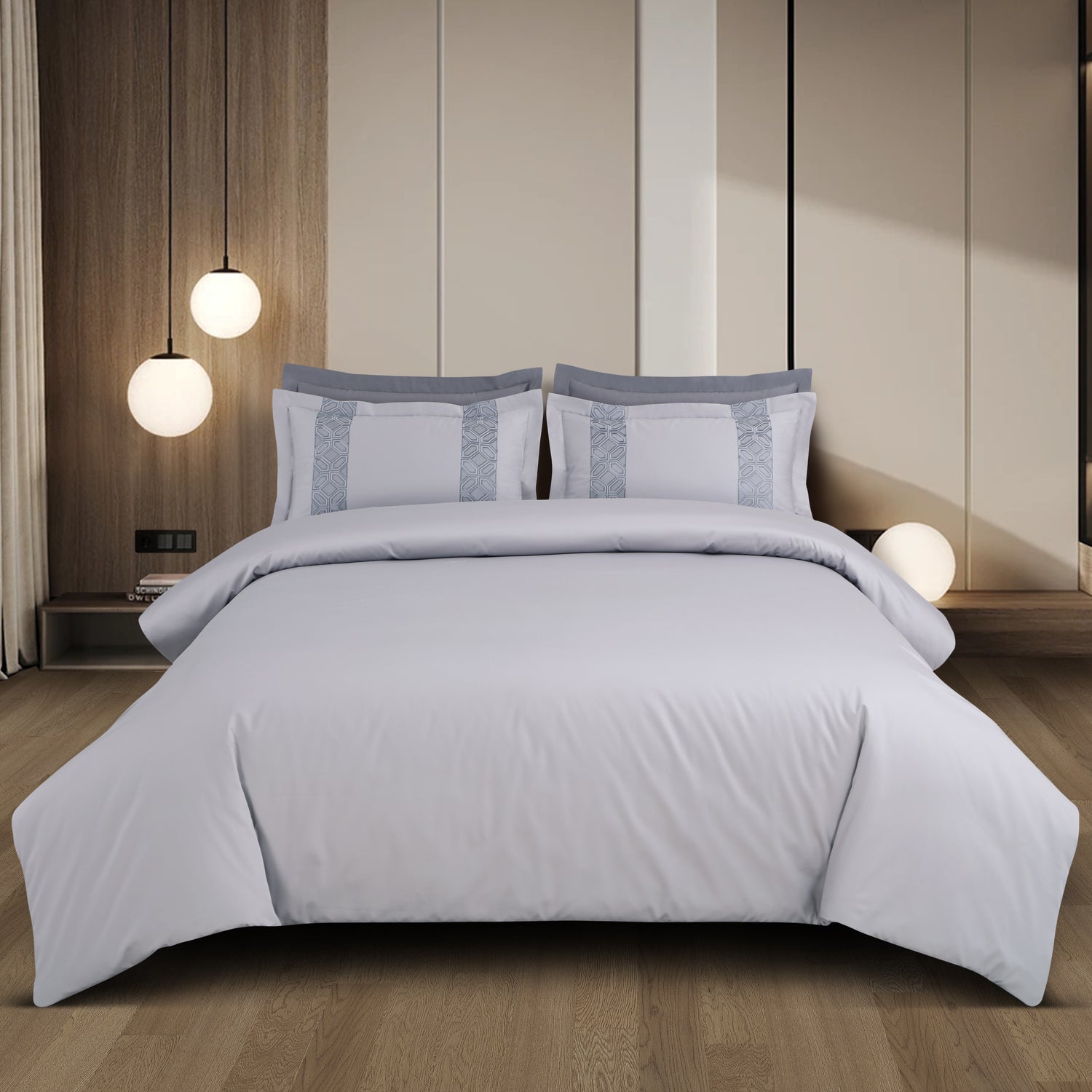 Luxe Stitch &amp; Dream Bedsheet with 2 Embroidered &amp; Plain Pillow Cases - Silver Grey
