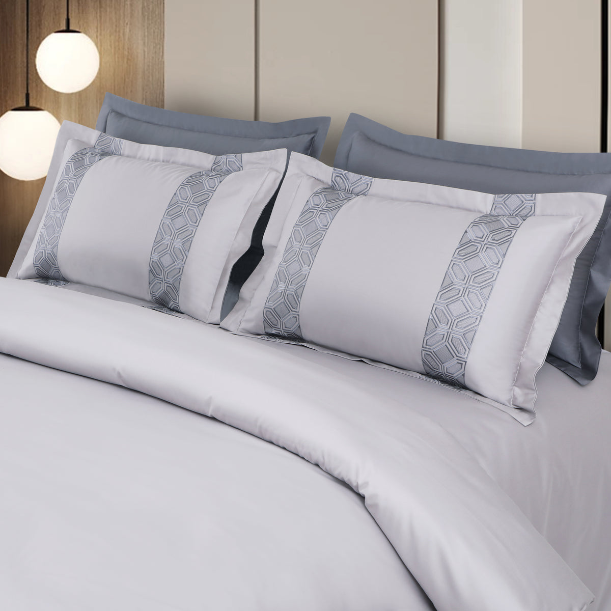 Luxe Stitch &amp; Dream Bedsheet with 2 Embroidered &amp; Plain Pillow Cases - Silver Grey