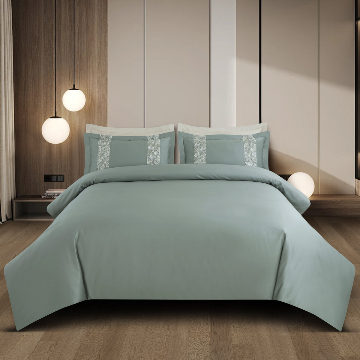 Luxe Stitch &amp; Dream Bedsheet with 2 Embroidered &amp; Plain Pillow Cases - Olive Green