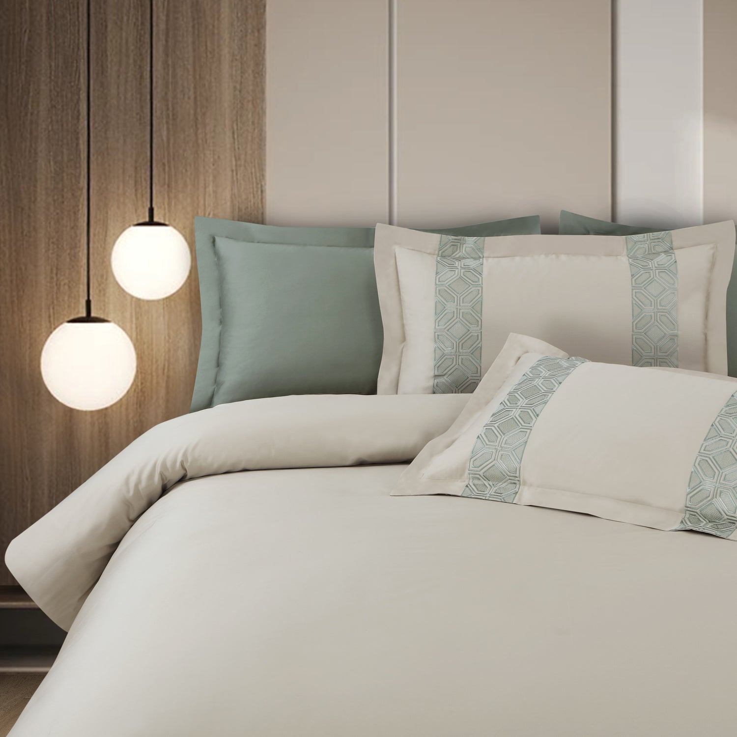 Luxe Stitch &amp; Dream Bedsheet with 2 Embroidered &amp; Plain Pillow Cases - Olive Beige