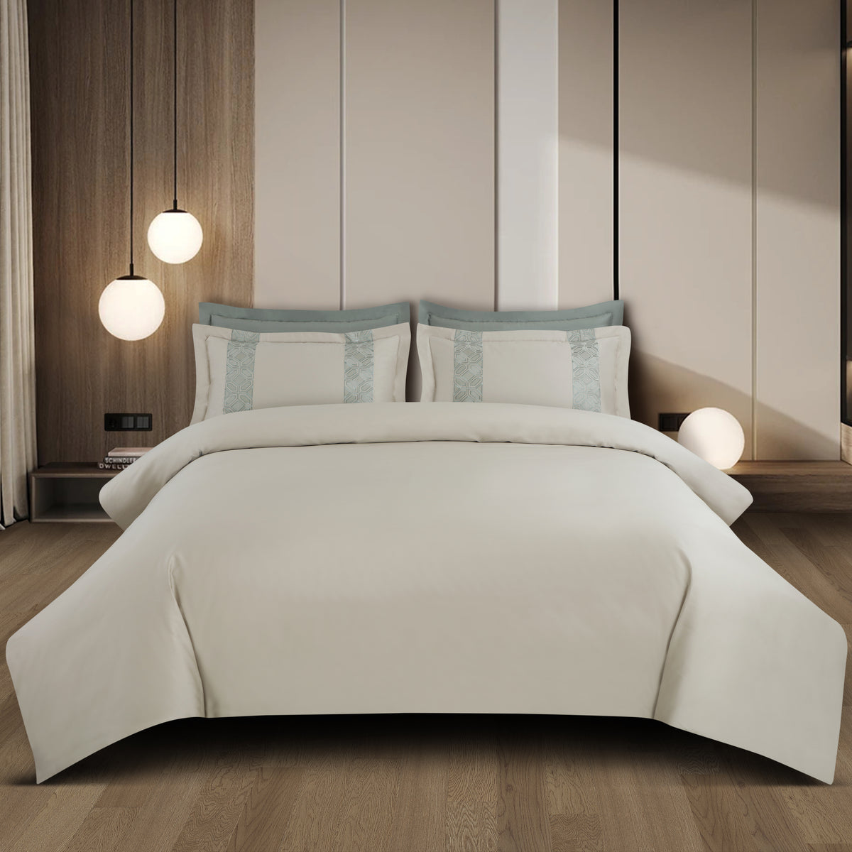 Luxe Stitch &amp; Dream Bedsheet with 2 Embroidered &amp; Plain Pillow Cases - Olive Beige