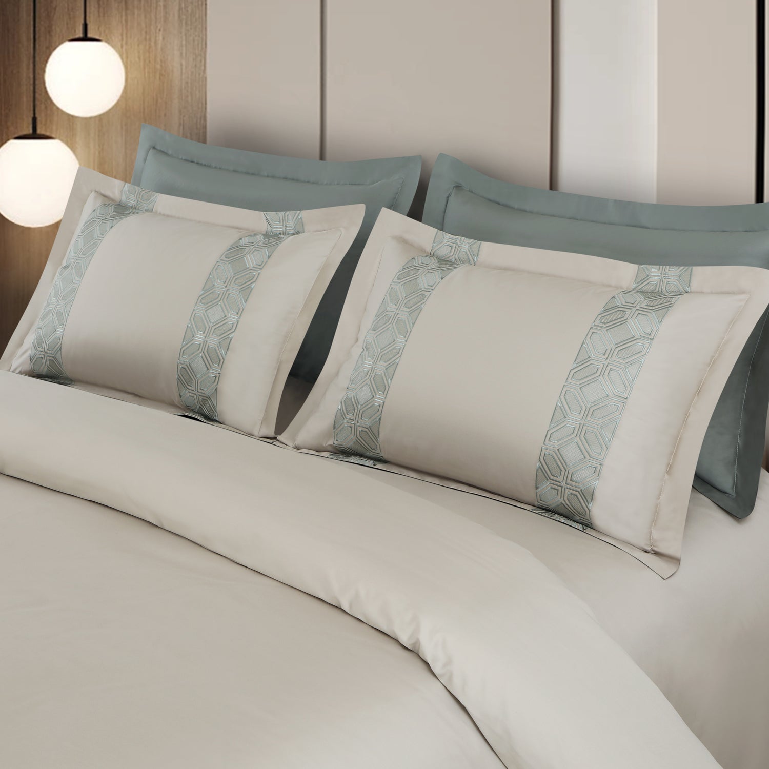Luxe Stitch &amp; Dream Bedsheet with 2 Embroidered &amp; Plain Pillow Cases - Olive Beige