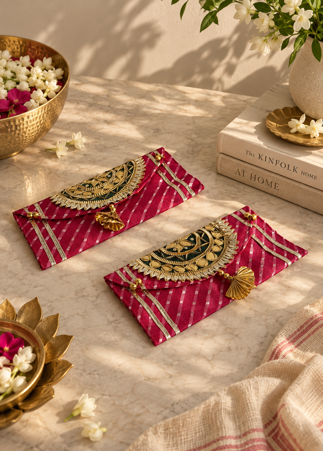 Festive Zari Envelope Pink &amp; Green - Set of 2