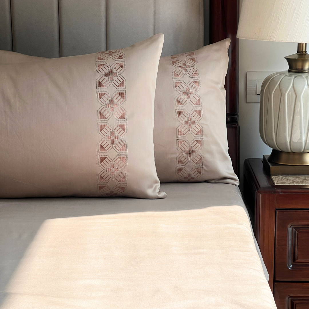 Allure Sand 300TC Cotton Bed Sheet with 2 Embroidered Pillow Covers