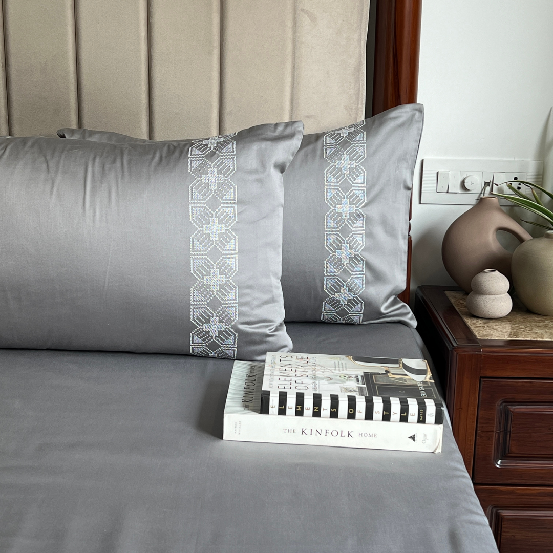Stella Slate 300TC Cotton Bed Sheet with 2 Embroidered Pillow Covers