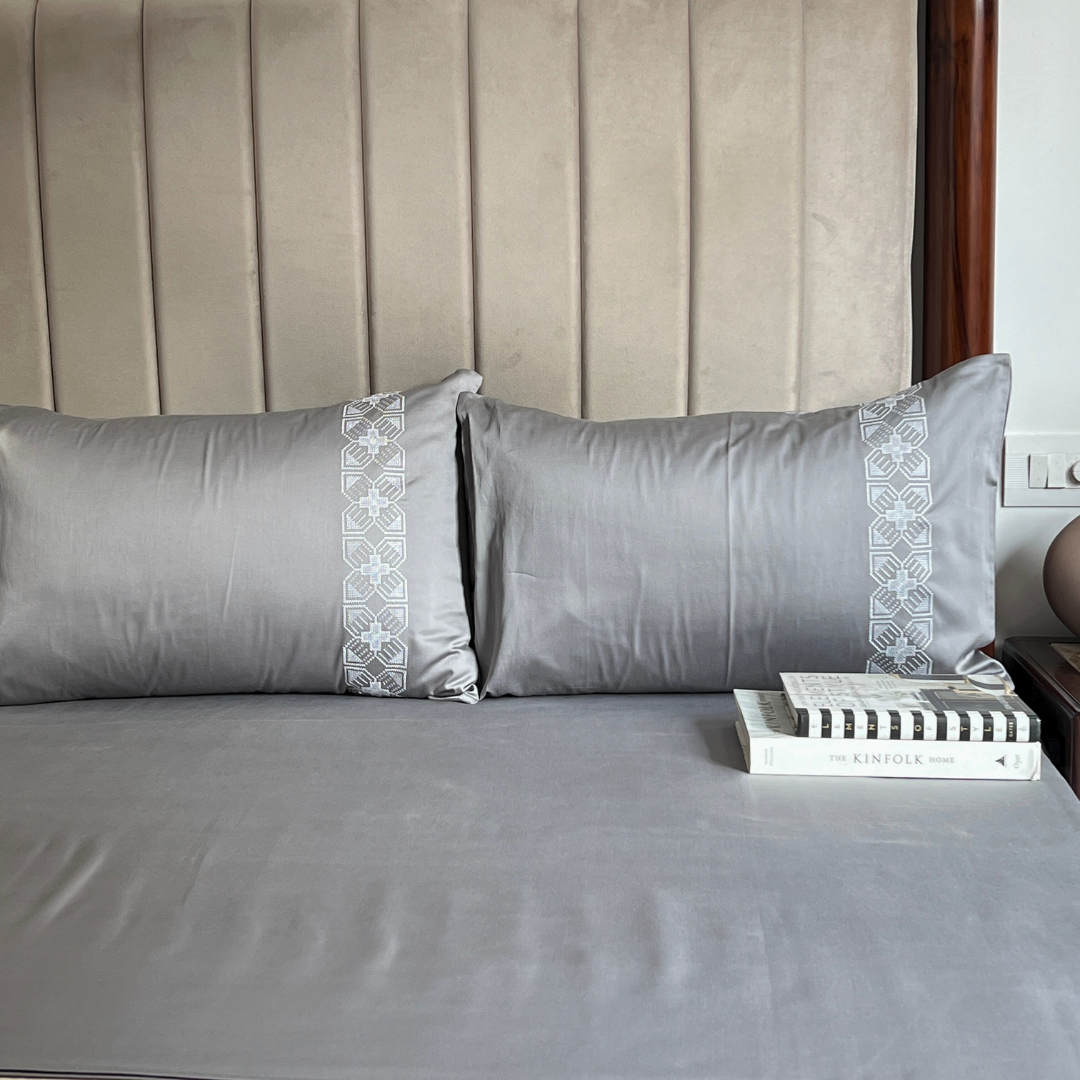 Stella Slate 300TC Cotton Bed Sheet with 2 Embroidered Pillow Covers