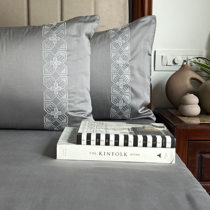 Stella Slate 300TC Cotton Bed Sheet with 2 Embroidered Pillow Covers