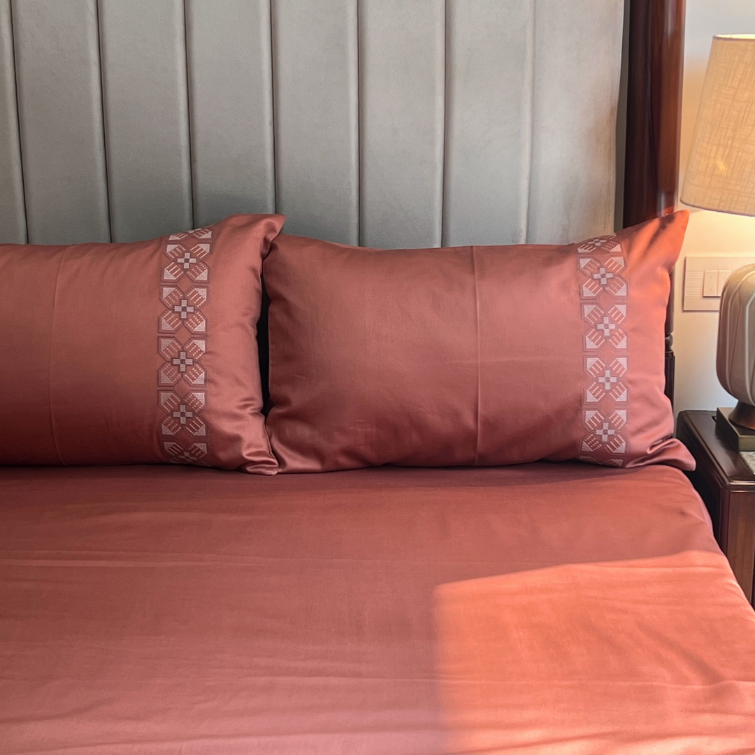 Allure Terracotta 300TC Cotton Bed Sheet with 2 Embroidered Pillow Covers