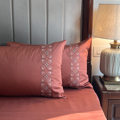 Allure Terracotta 300TC Cotton Bed Sheet with 2 Embroidered Pillow Covers