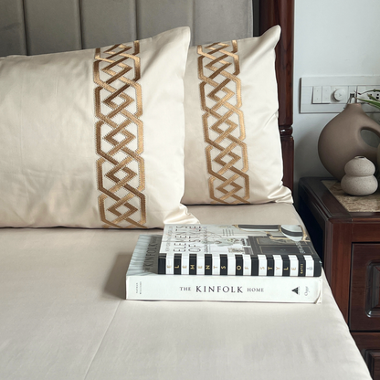 Austin Oats Beige 300TC Cotton Bed Sheet with 2 Embroidered Pillow Covers
