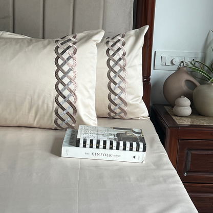 Candace Oats Beige 300TC Cotton Bed Sheet with 2 Embroidered Pillow Covers