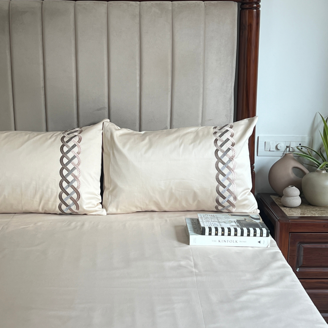 Candace Oats Beige 300TC Cotton Bed Sheet with 2 Embroidered Pillow Covers