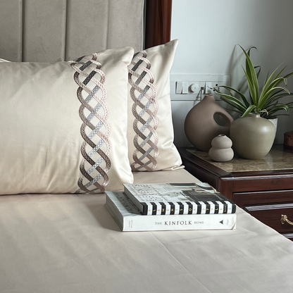 Candace Oats Beige 300TC Cotton Bed Sheet with 2 Embroidered Pillow Covers