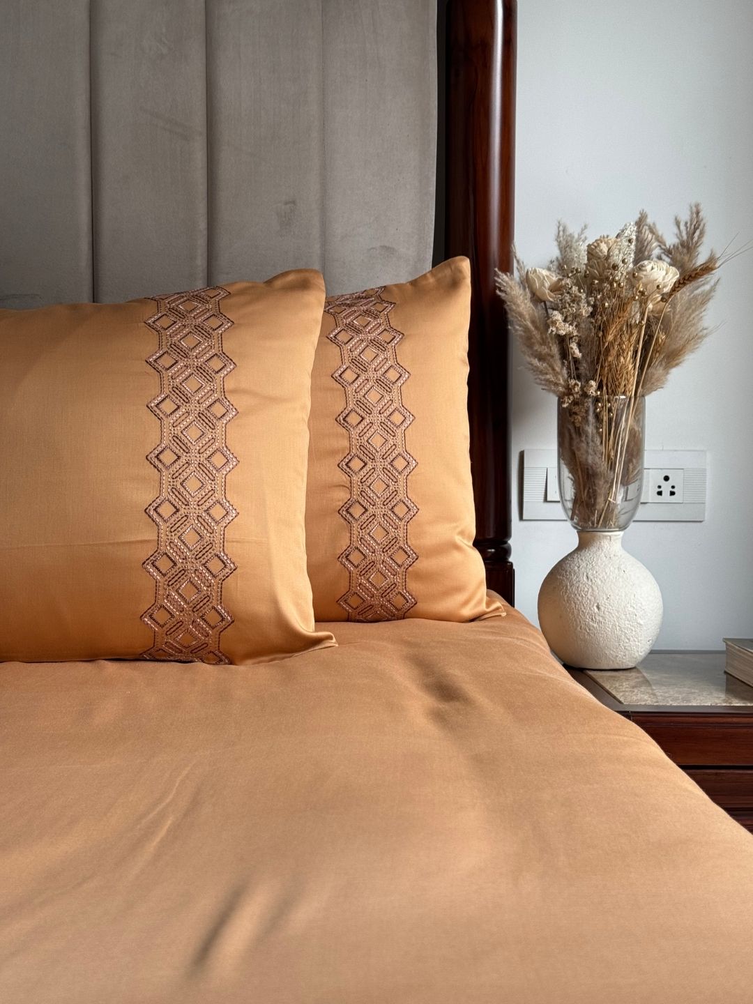 Cora Honey Mustard Cotton Bed Sheet with 2 Embroidered Pillow Covers