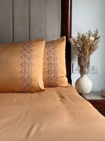 Cora Honey Mustard Cotton Bed Sheet with 2 Embroidered Pillow Covers