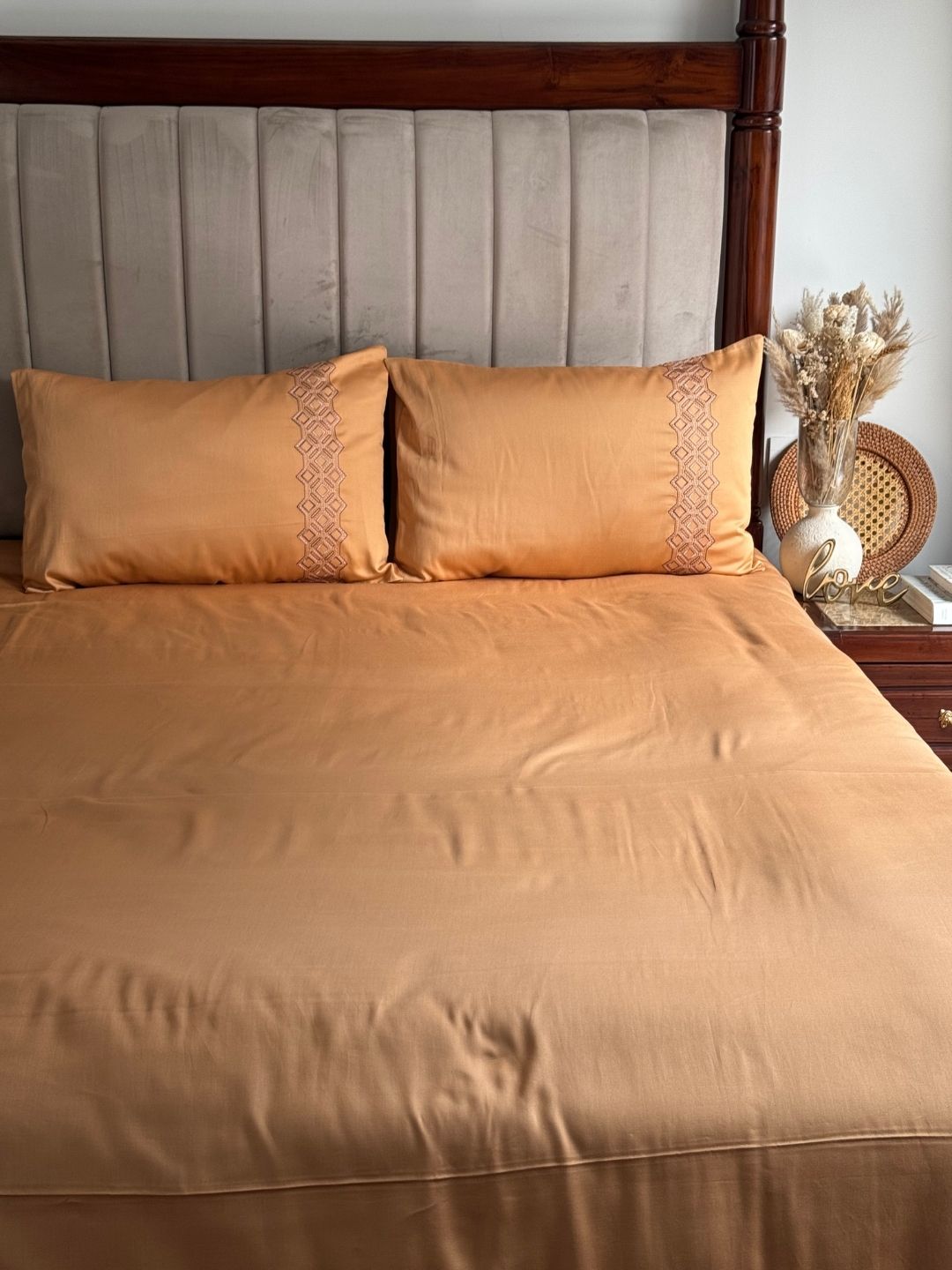 Cora Honey Mustard Cotton Bed Sheet with 2 Embroidered Pillow Covers