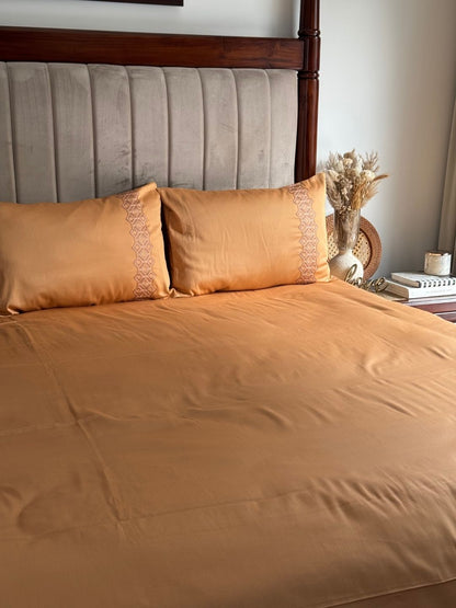 Cora Honey Mustard Cotton Bed Sheet with 2 Embroidered Pillow Covers