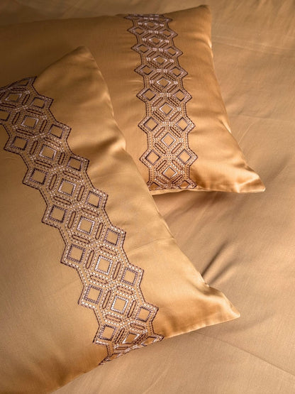 Cora Honey Mustard Cotton Bed Sheet with 2 Embroidered Pillow Covers