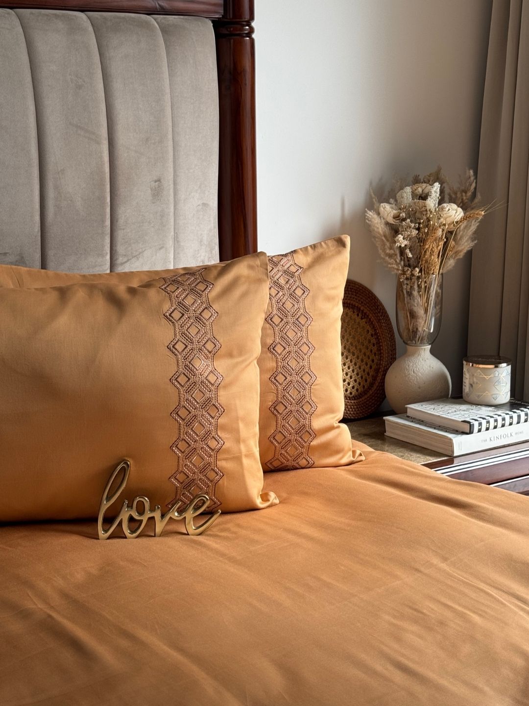 Cora Honey Mustard Cotton Bed Sheet with 2 Embroidered Pillow Covers