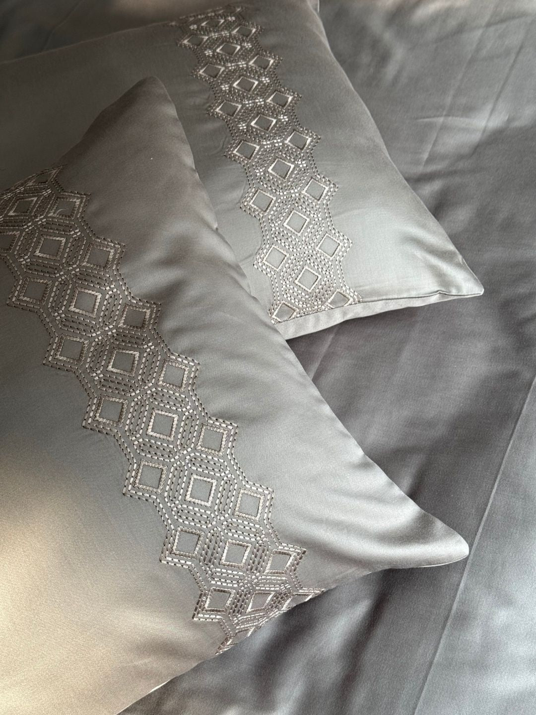 Cora Olive Grey 300TC Cotton Bed Sheet with 2 Embroidered Pillow Covers