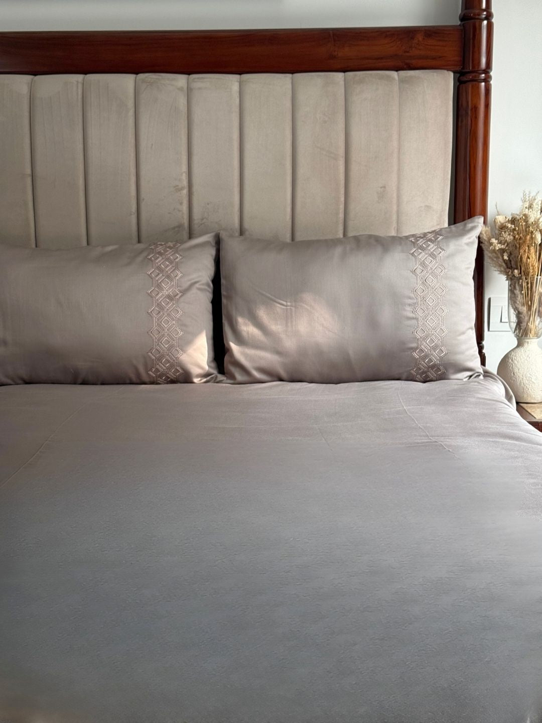 Cora Olive Grey 300TC Cotton Bed Sheet with 2 Embroidered Pillow Covers