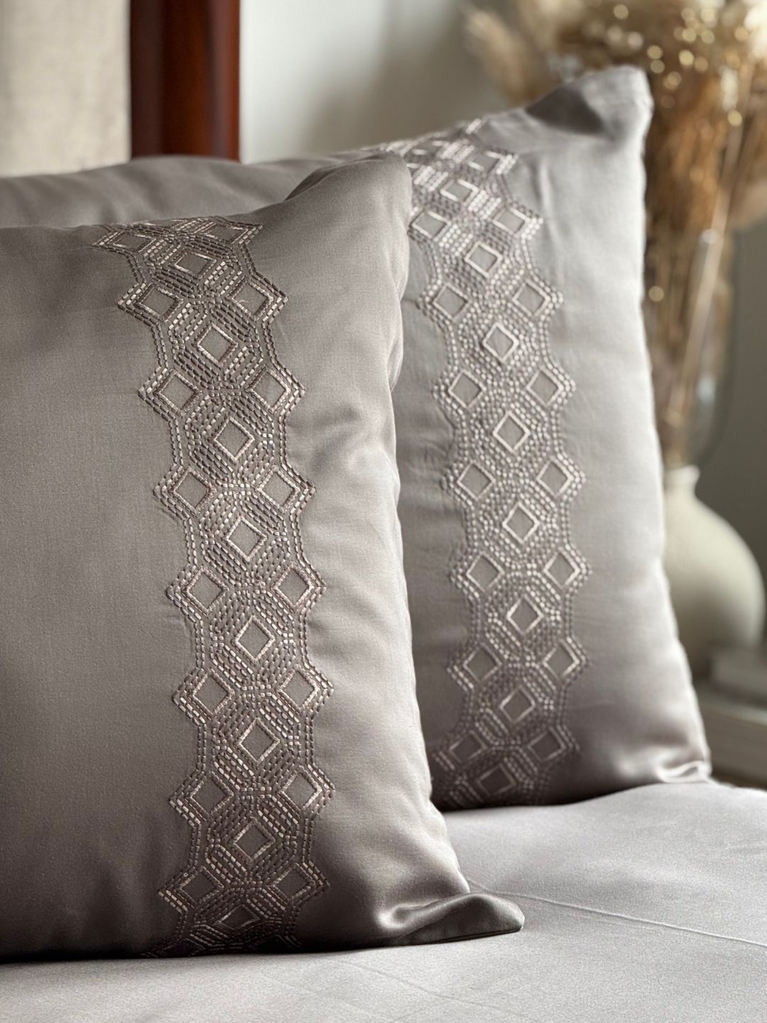 Cora Olive Grey 300TC Cotton Bed Sheet with 2 Embroidered Pillow Covers