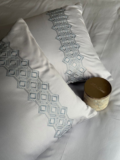 Cora Smoke Blue 300TC Cotton Bed Sheet with 2 Embroidered Pillow Covers
