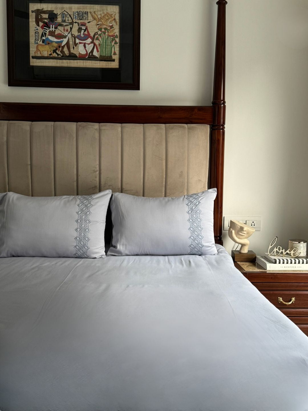 Cora Smoke Blue 300TC Cotton Bed Sheet with 2 Embroidered Pillow Covers