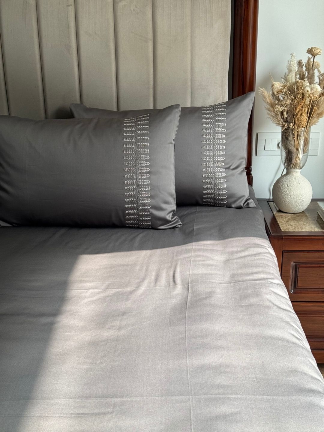 Elise Elephant Grey 300TC Cotton Bed Sheet with 2 Embroidered Pillow Covers