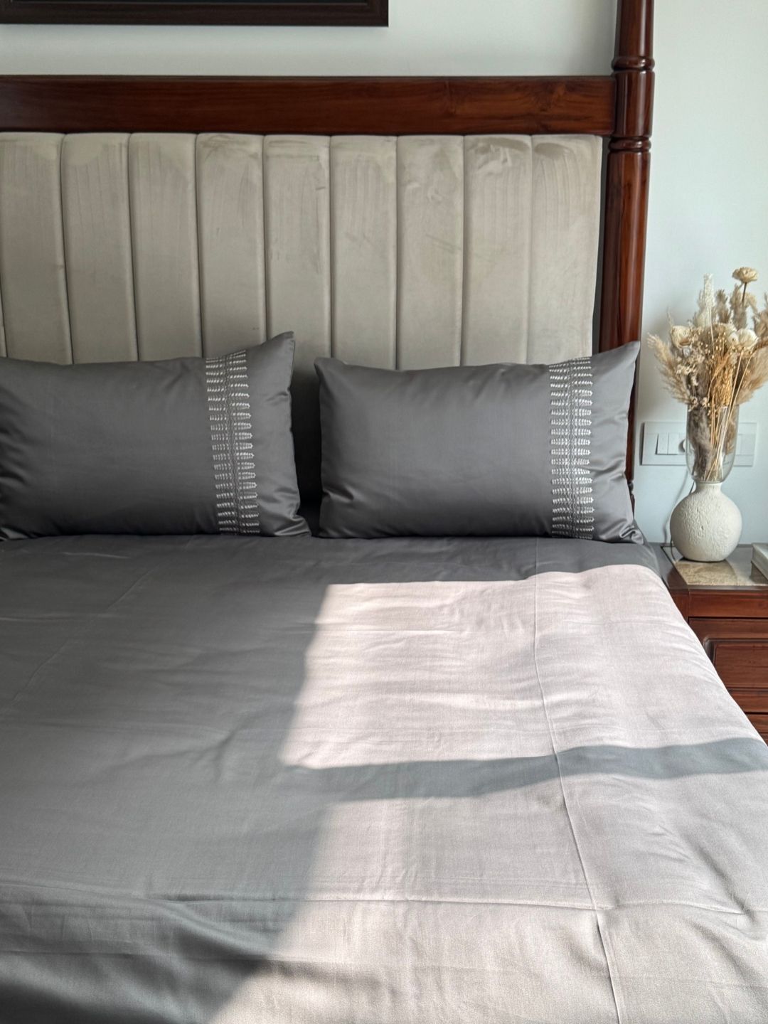 Elise Elephant Grey 300TC Cotton Bed Sheet with 2 Embroidered Pillow Covers