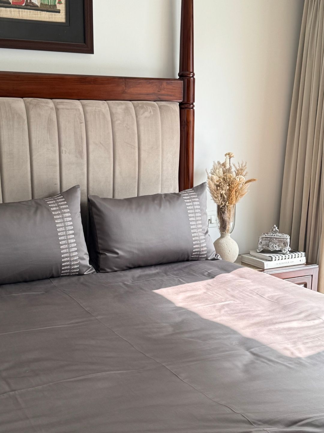 Elise Elephant Grey 300TC Cotton Bed Sheet with 2 Embroidered Pillow Covers