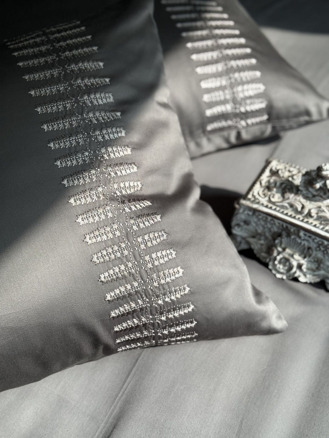 Elise Elephant Grey 300TC Cotton Bed Sheet with 2 Embroidered Pillow Covers