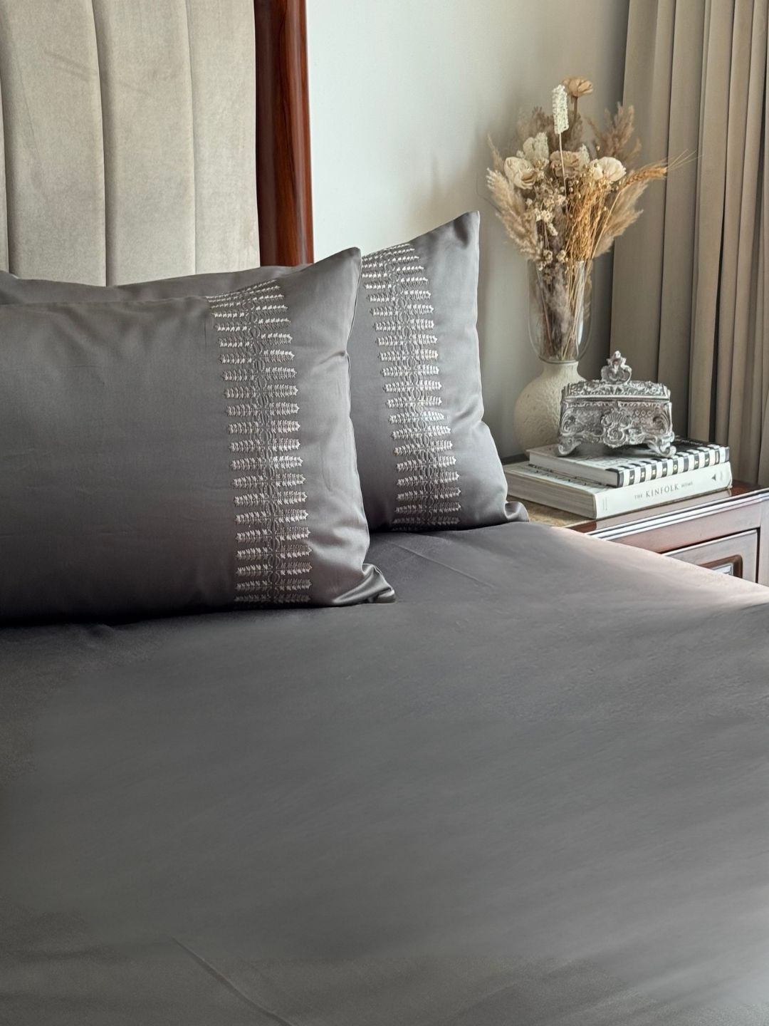 Elise Elephant Grey 300TC Cotton Bed Sheet with 2 Embroidered Pillow Covers