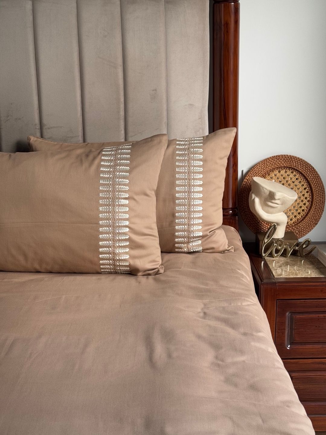Elise Hazel Beige 300TC Cotton Bed Sheet with 2 Embroidered Pillow Covers