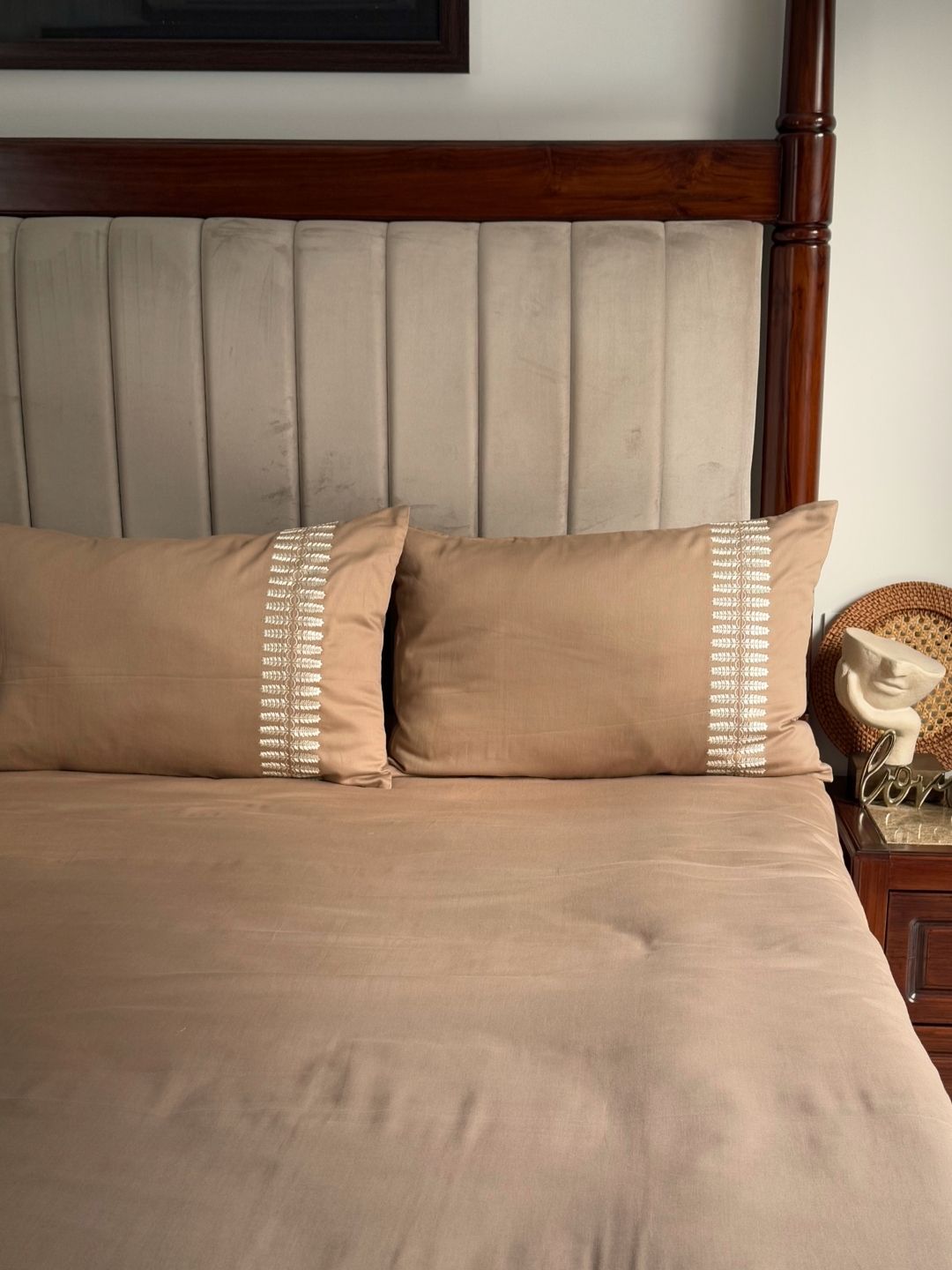 Elise Hazel Beige 300TC Cotton Bed Sheet with 2 Embroidered Pillow Covers